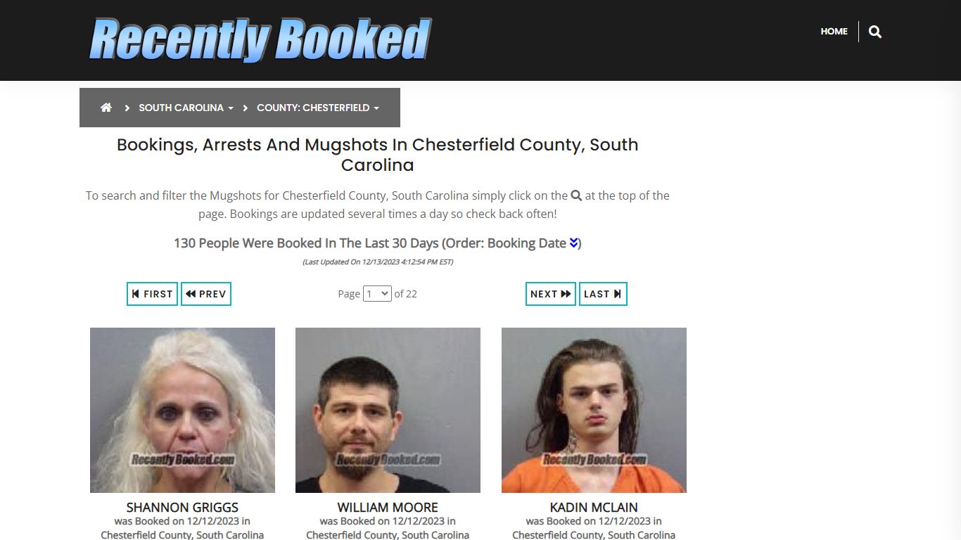 Bookings, Arrests and Mugshots in Chesterfield County, South Carolina